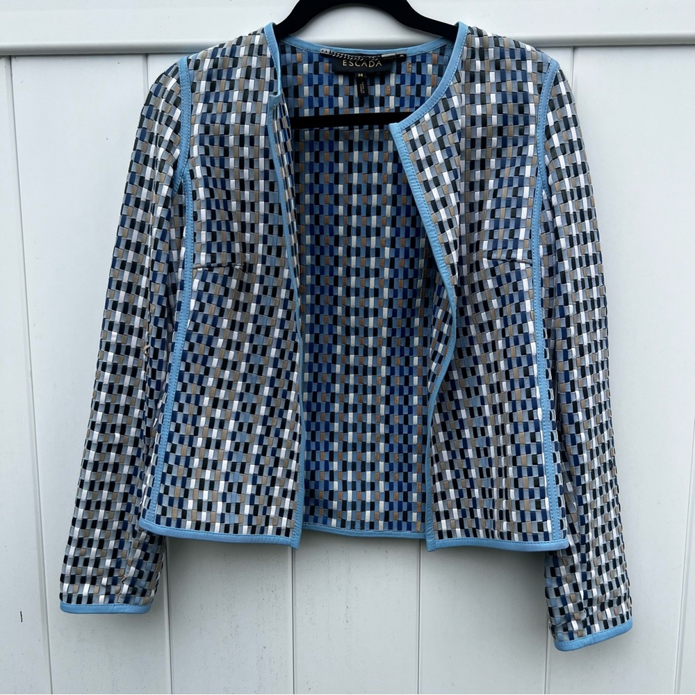 Escada Woven Lambs Leather Jacket Blue, Size 34 (xs/s)